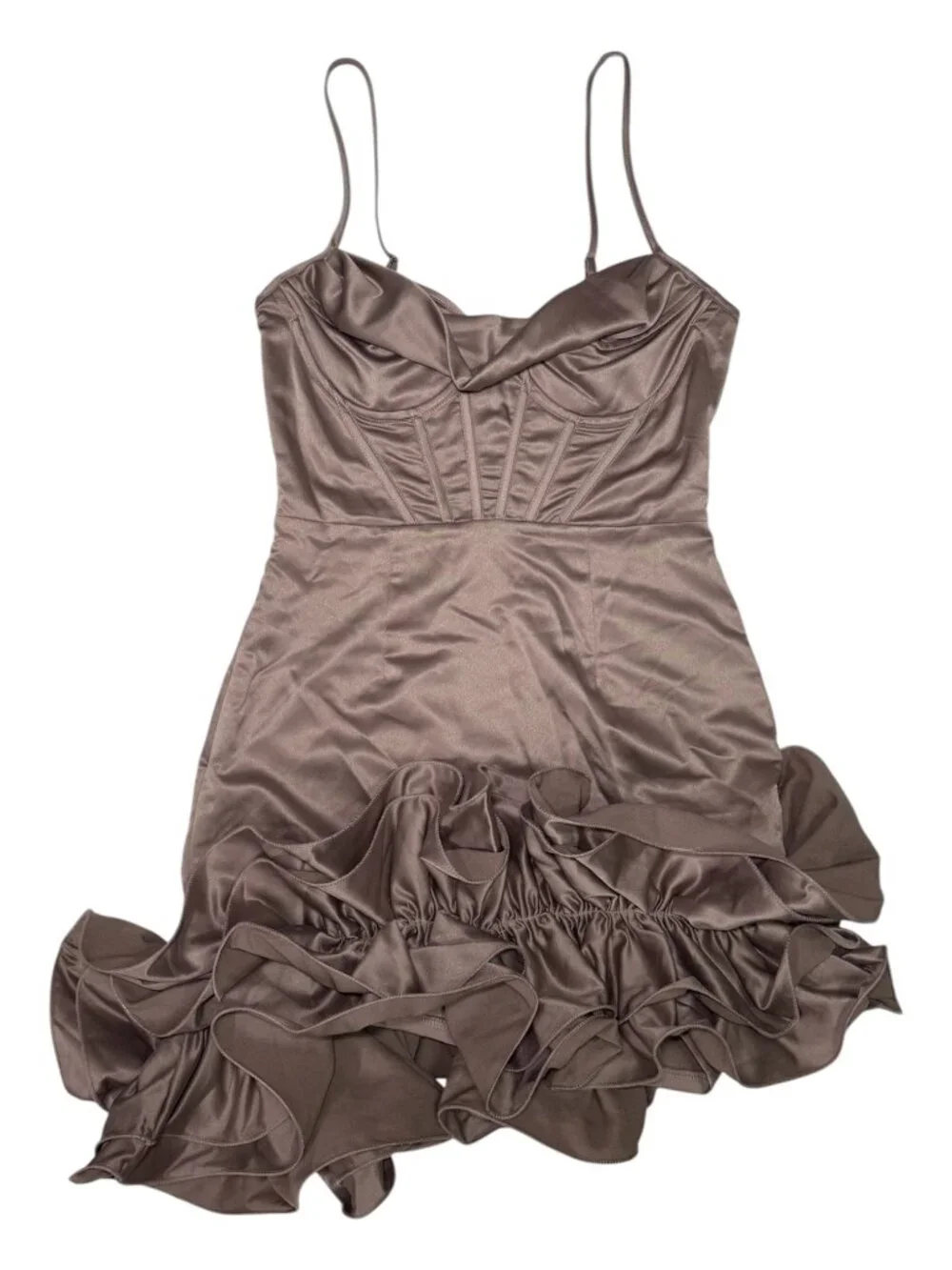 PLT Y2K Coquette Mauve Corset Cowl Strappy Satin Frill Hem Bodycon Dress Sz US6